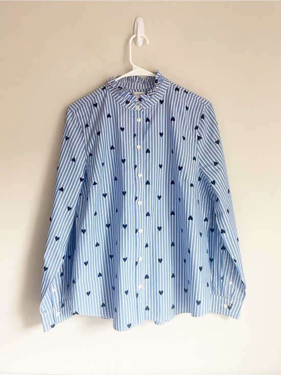 J. Crew Tops - J. Crew Ruffle-Neck Long Sleeve Button Down Top with Stripes & Hearts Size L